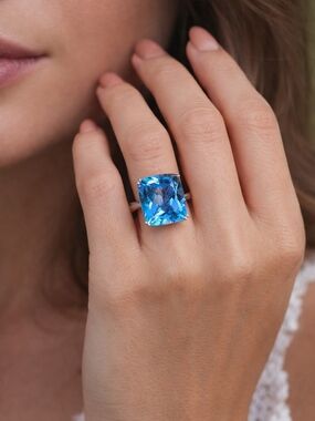 Swiss Blue Topaz Cushion-Cut Gemstone Statement Ring